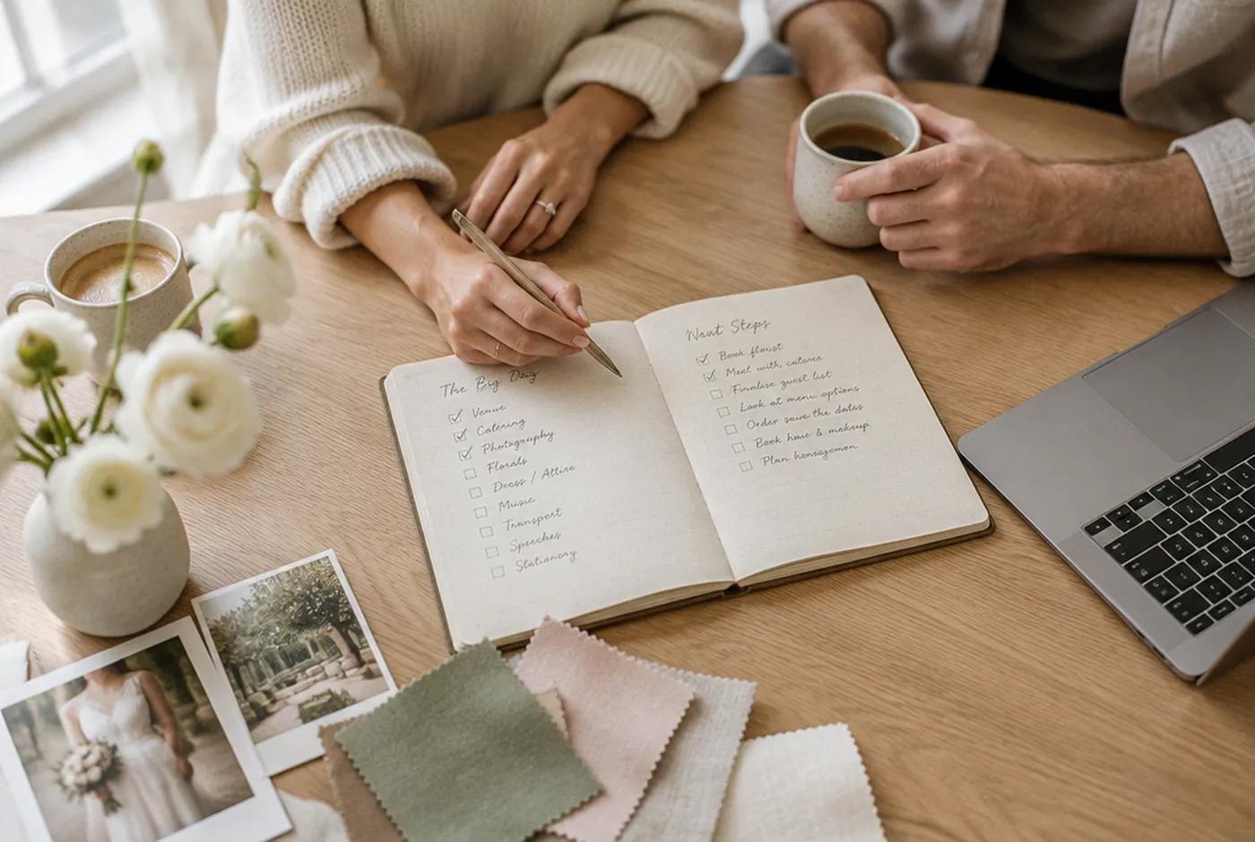 A couple planning at a table with coffee