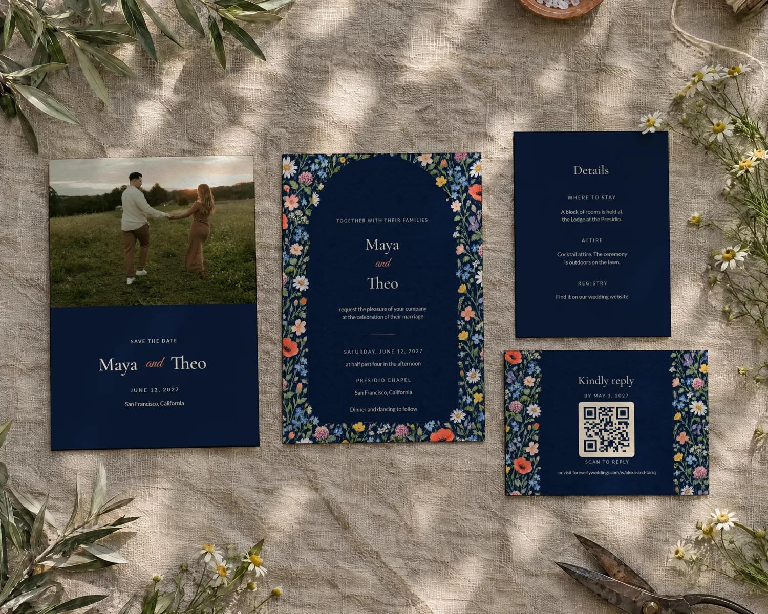 A wedding invitation suite from one of our collections, laid out with flowers