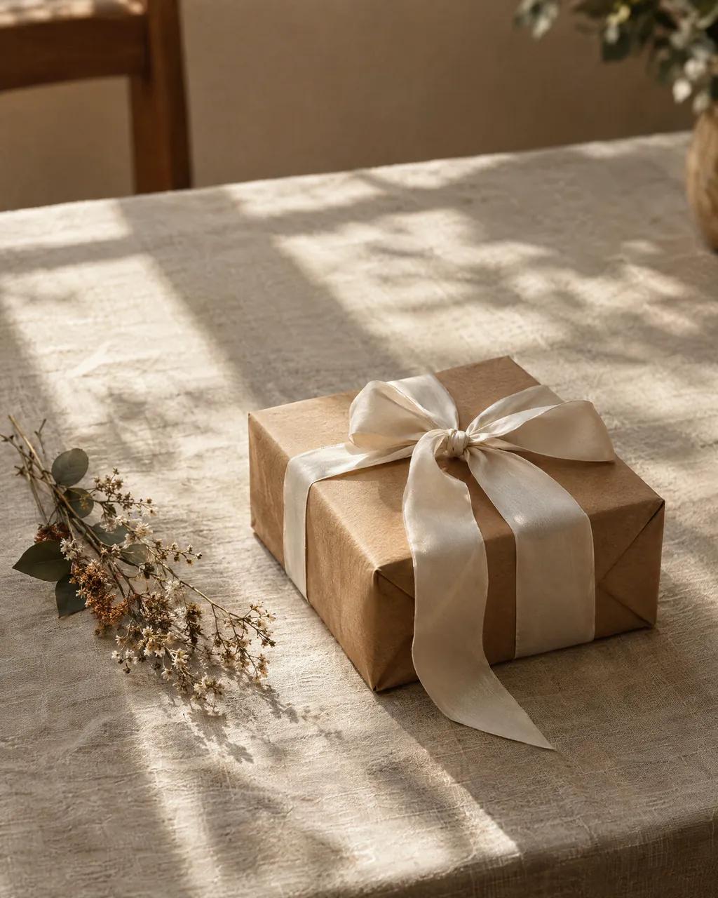 A wrapped gift on a sunlit table
