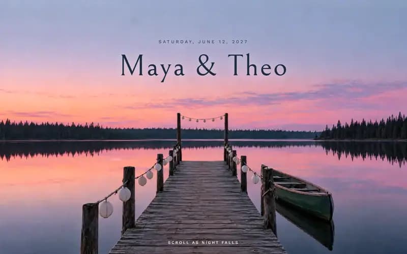 The Mooring wedding website design, a lake at dusk