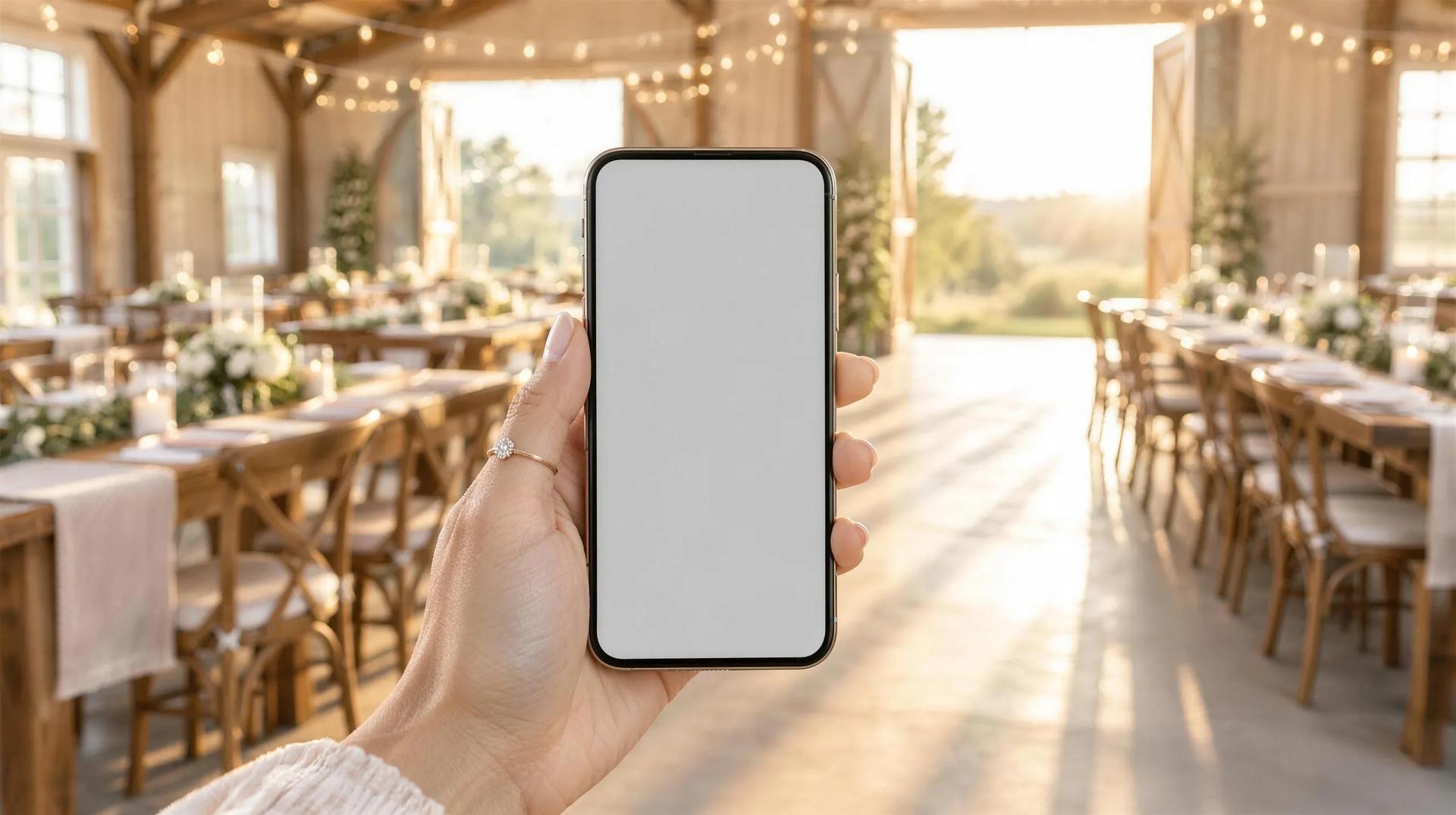 A hand holding a phone showing a wedding budget, inside a sunlit reception barn