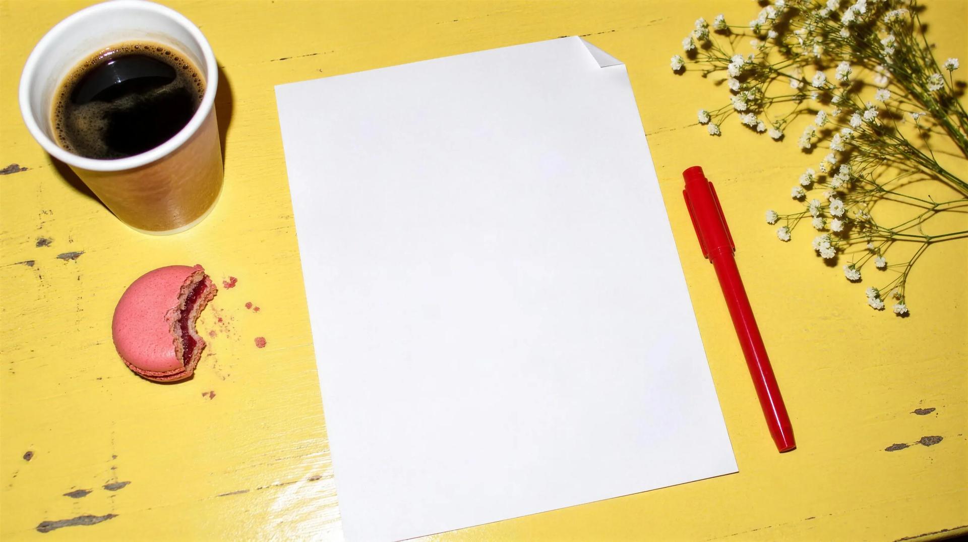 A photography contract on a butter yellow table with a red pen, a coffee and a bitten macaron