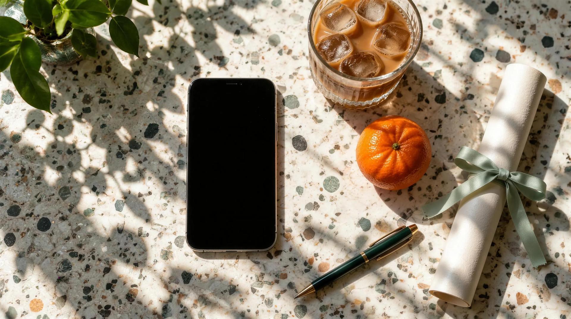 A phone on a sunny terrazzo counter showing a payment reminder, next to an iced coffee and a tangerine