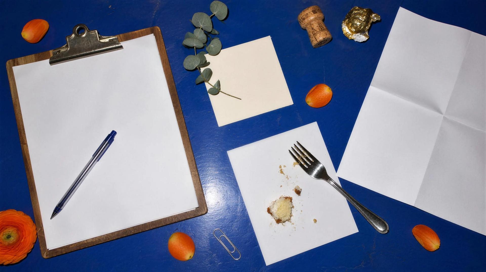 A signed contract on a clipboard, a florist quote, a cake tasting card and a venue invoice on a cobalt table