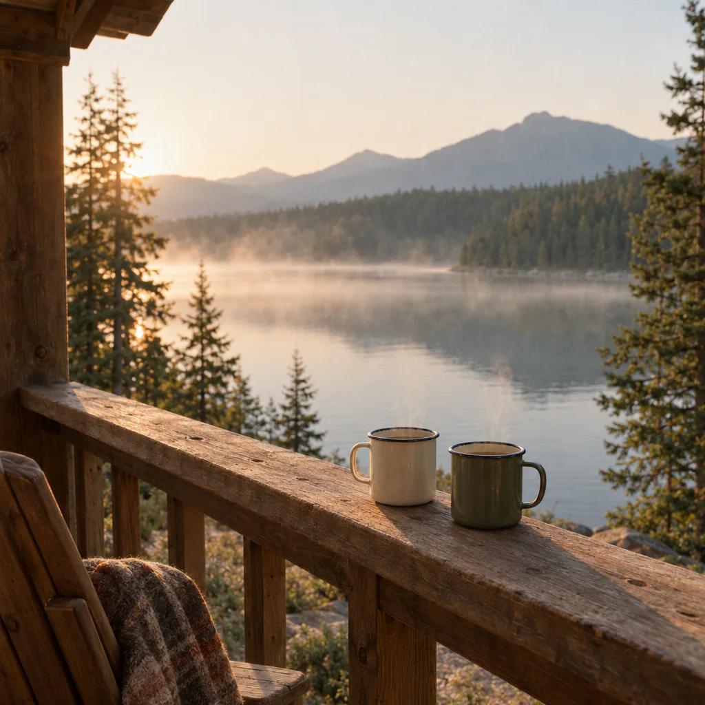 Cabin porch with two mugs overlooking a misty lake