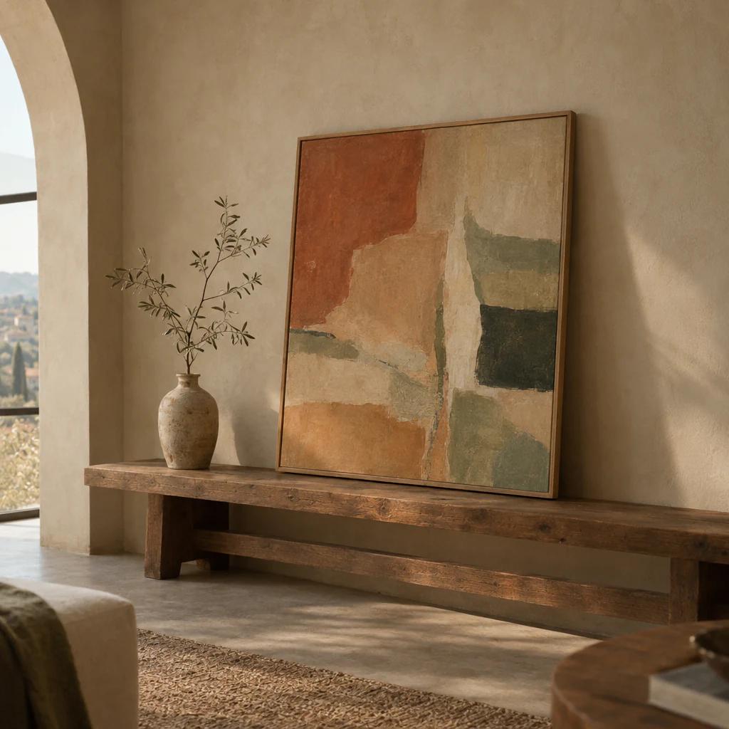Framed abstract artwork leaning on a wall above a bench