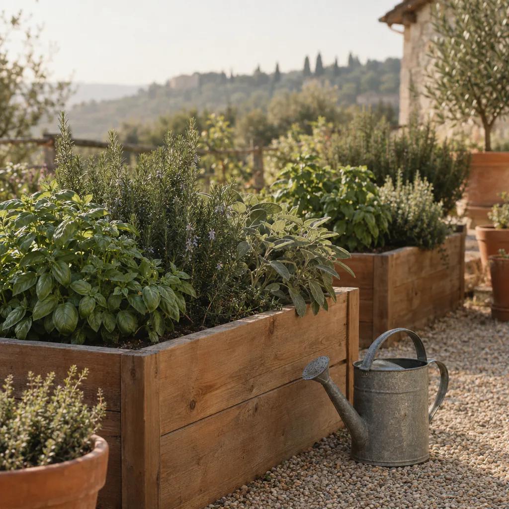 Raised garden beds with herbs and a watering can