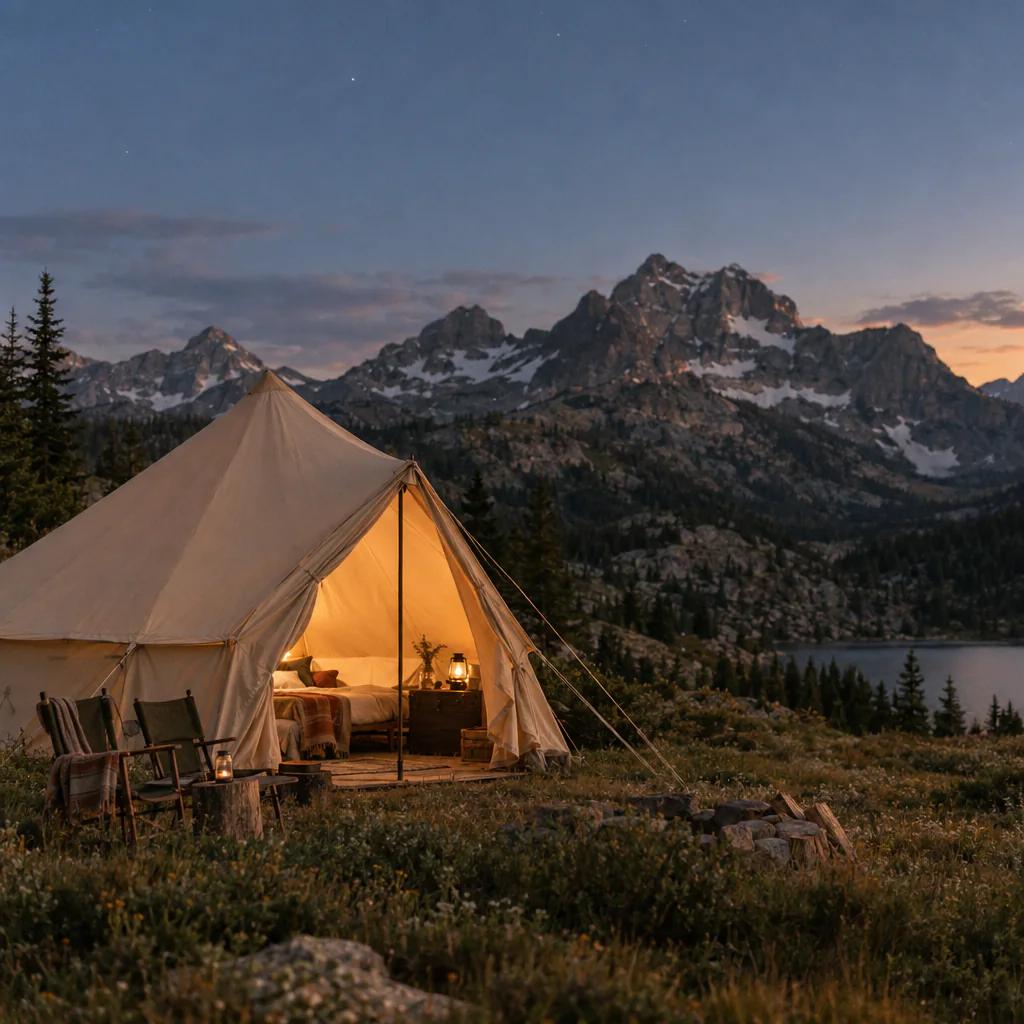 Tent glowing at dusk under huge mountains
