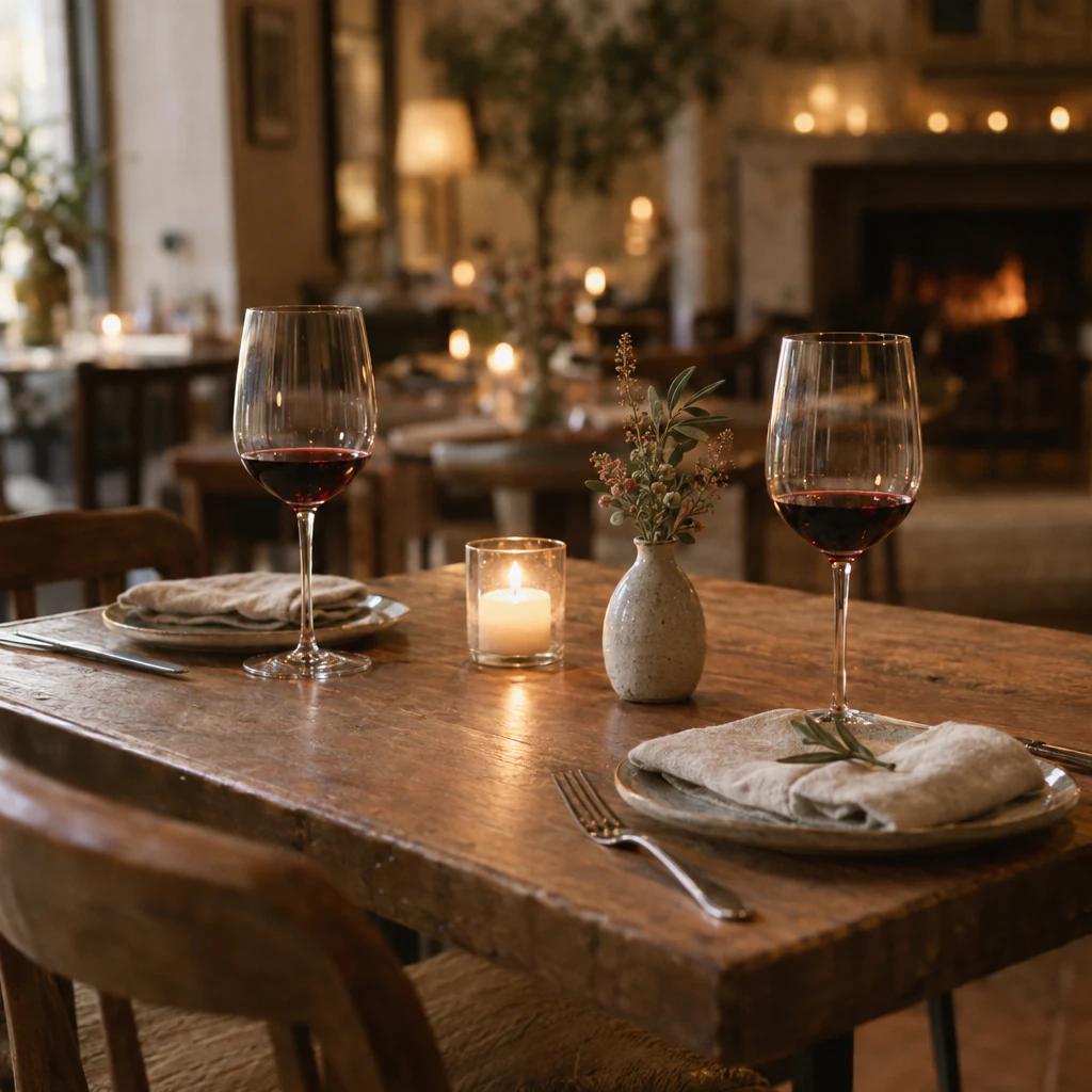 Candlelit restaurant table set for two
