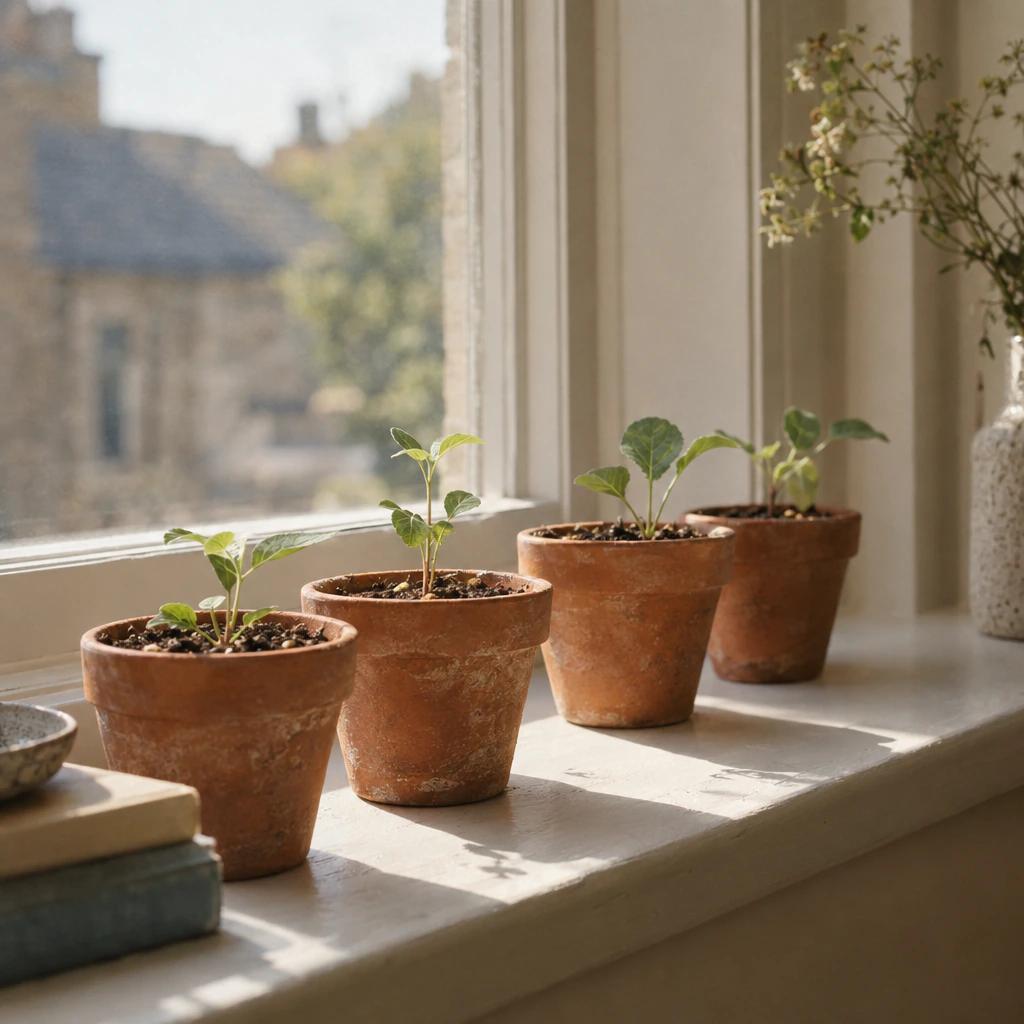 Seedlings sprouting in small clay pots on a sunny sill