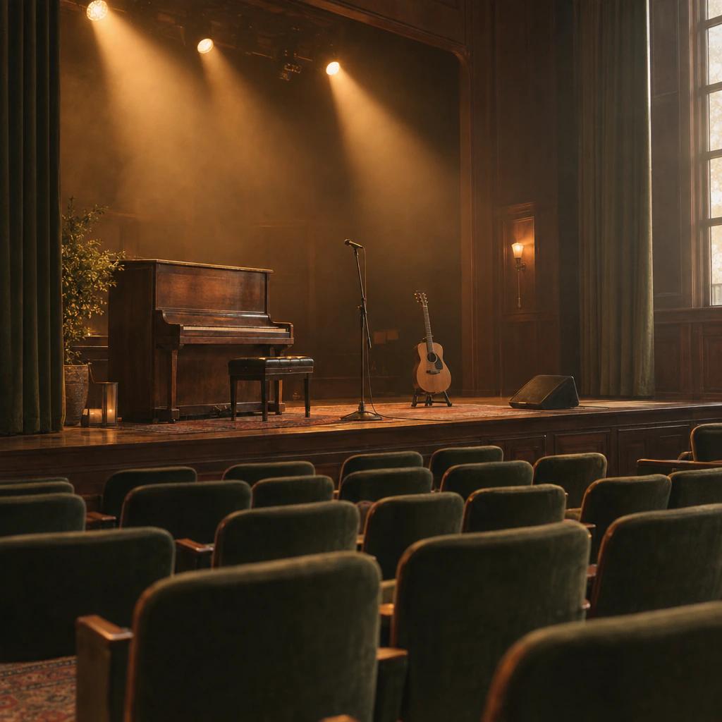 Warm stage lights glowing over an empty concert hall