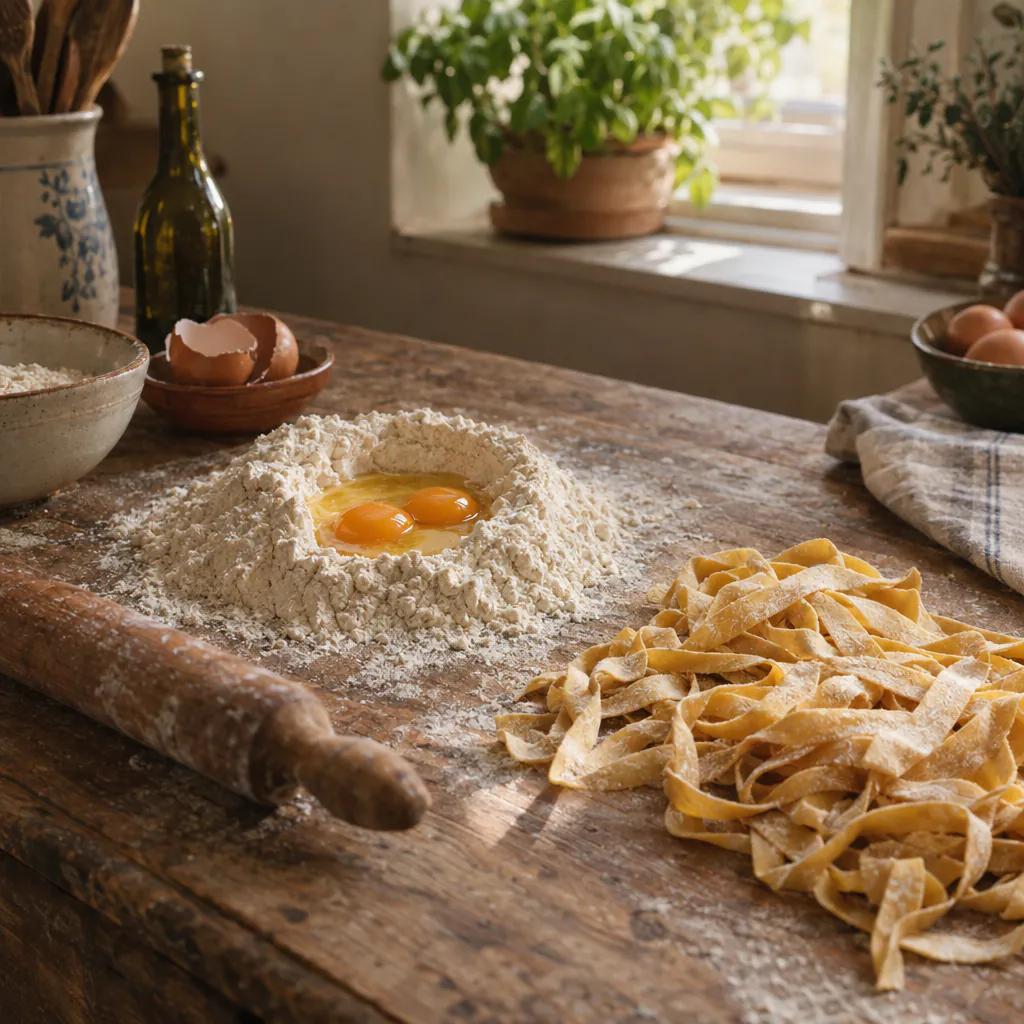 Flour, eggs and fresh pasta on a wooden counter