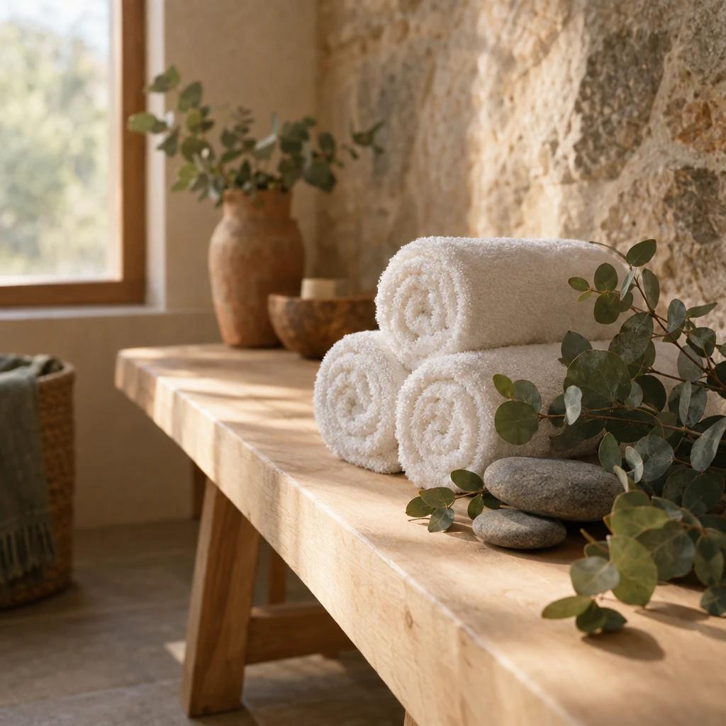 Rolled white towels, eucalyptus and stones in a quiet spa