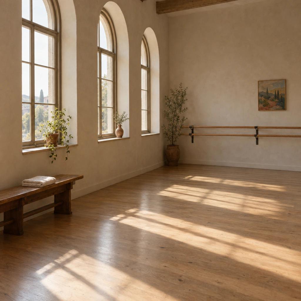 Sunlit dance studio floor with a mirror wall