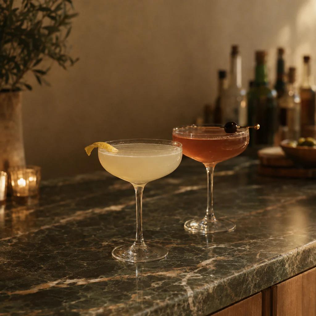 Two cocktails on a dim bar counter