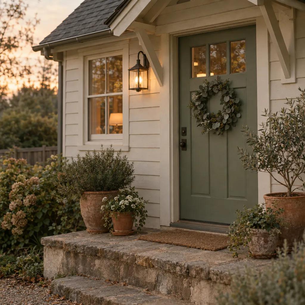 Front door of a small house with a wreath and warm porch light