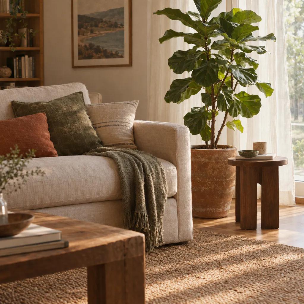 Sunlit living room corner with a linen sofa and plants