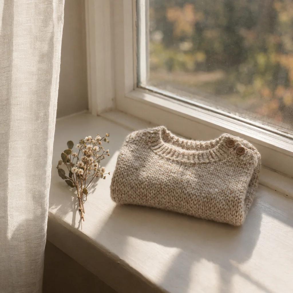 Small knit sweater folded on a sunlit windowsill