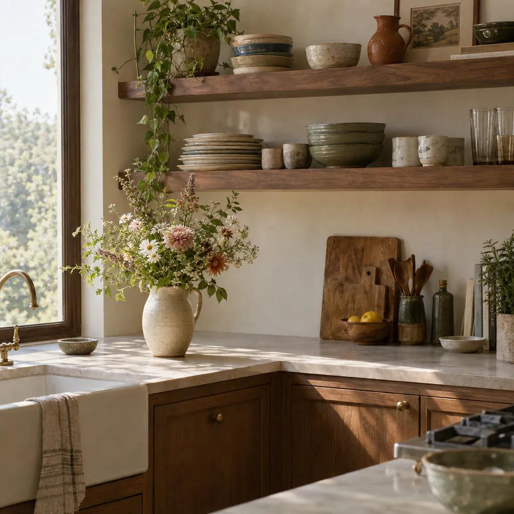 Bright kitchen with open shelves and a vase of flowers