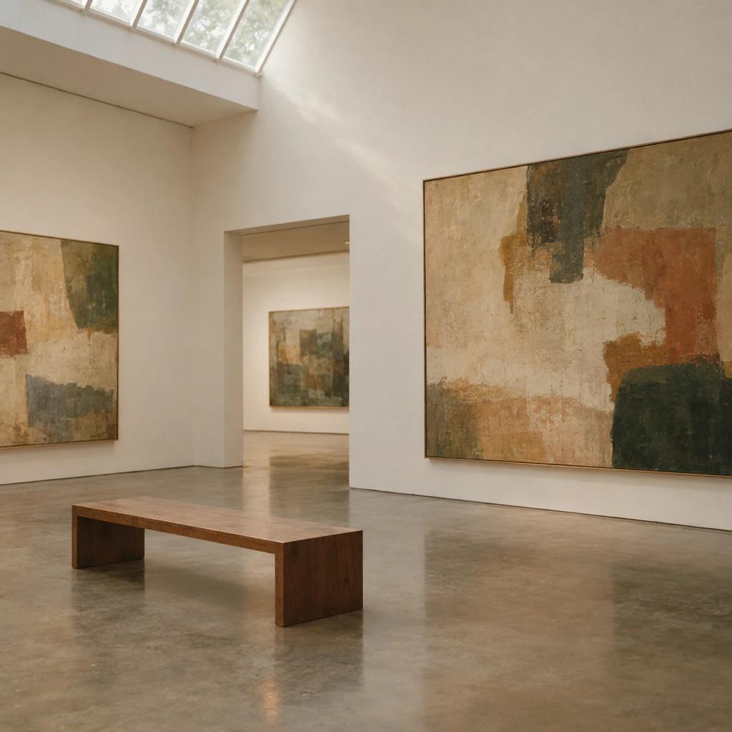 Quiet gallery room with a bench and large paintings