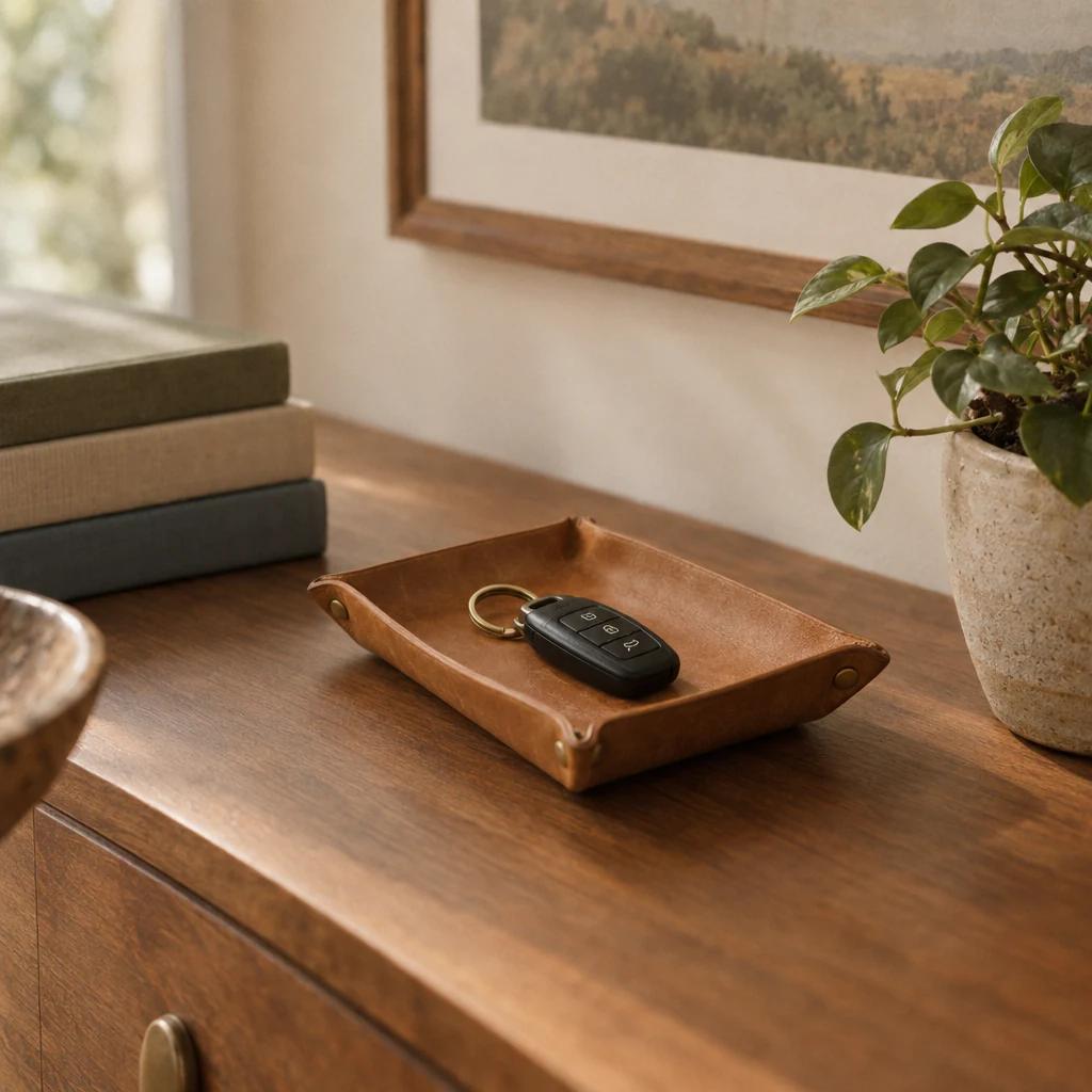 Car keys on a leather tray beside a small plant