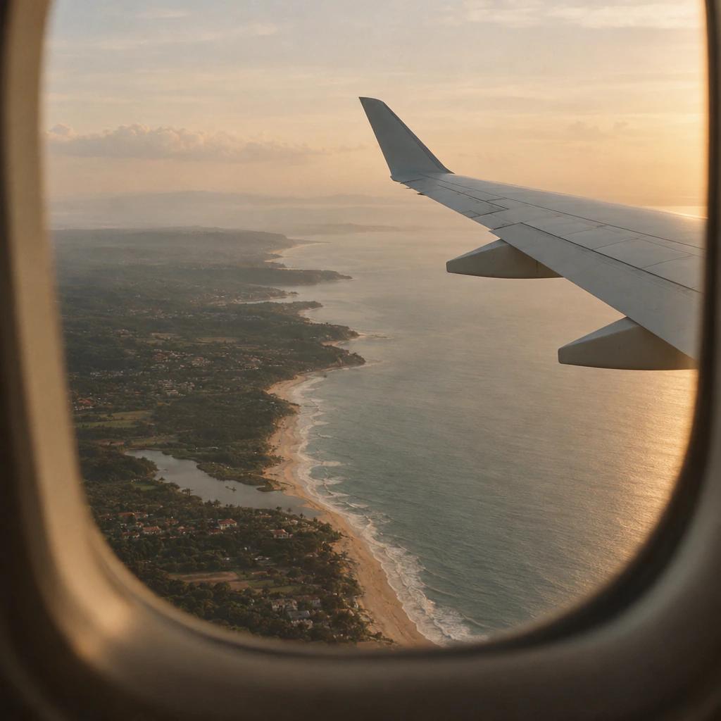 Airplane window looking over a coastline at golden hour