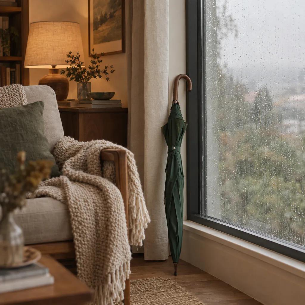 Umbrella leaning by a window streaked with rain
