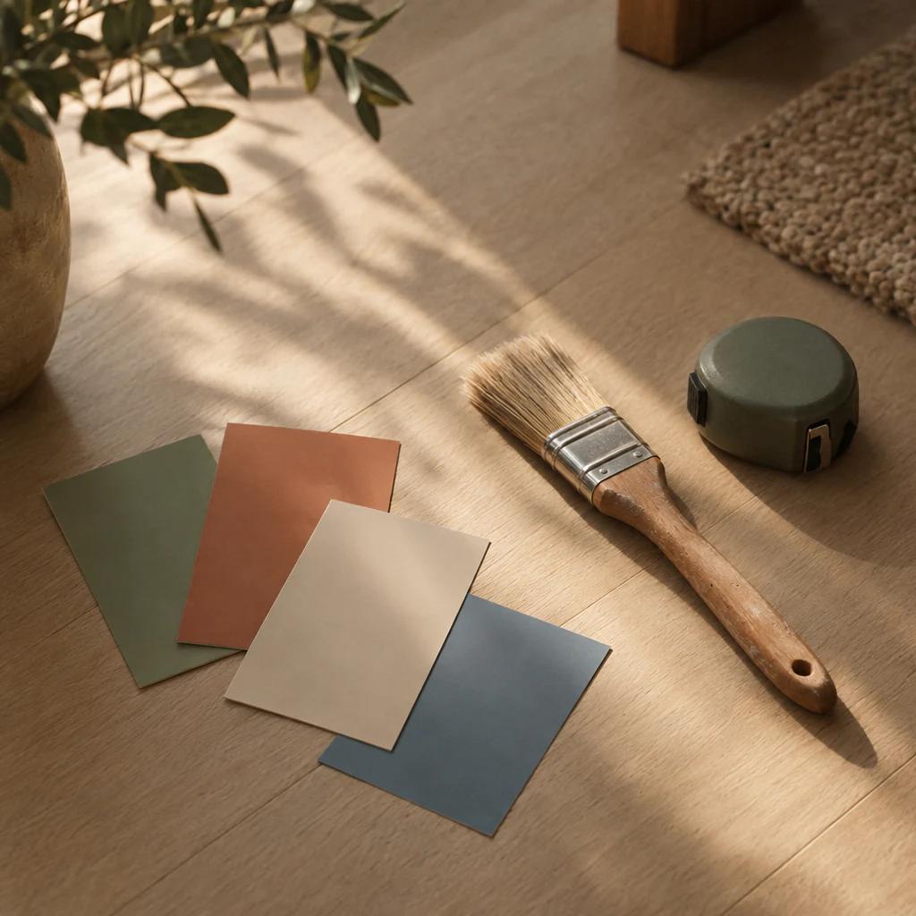 Paint swatches, a brush and a tape measure on a wood floor