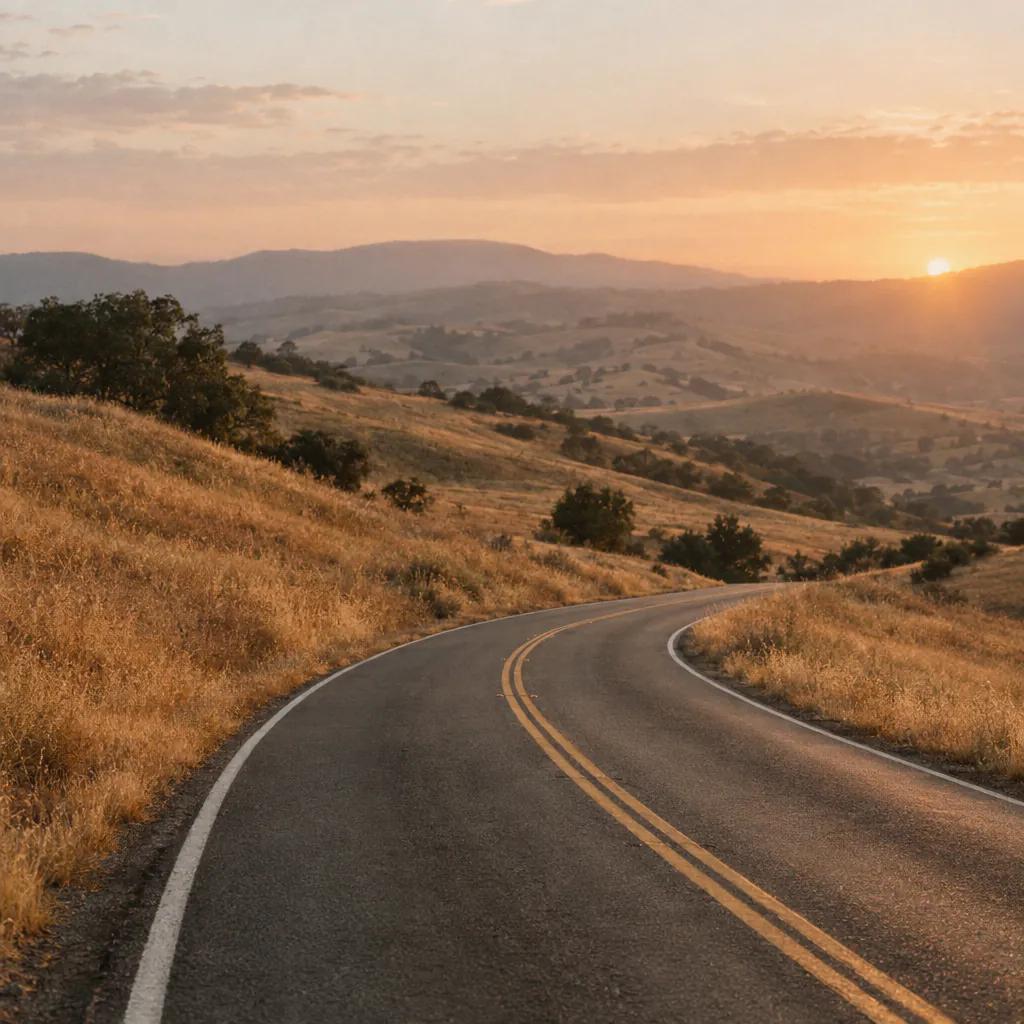 Open two-lane road through golden hills at sunset