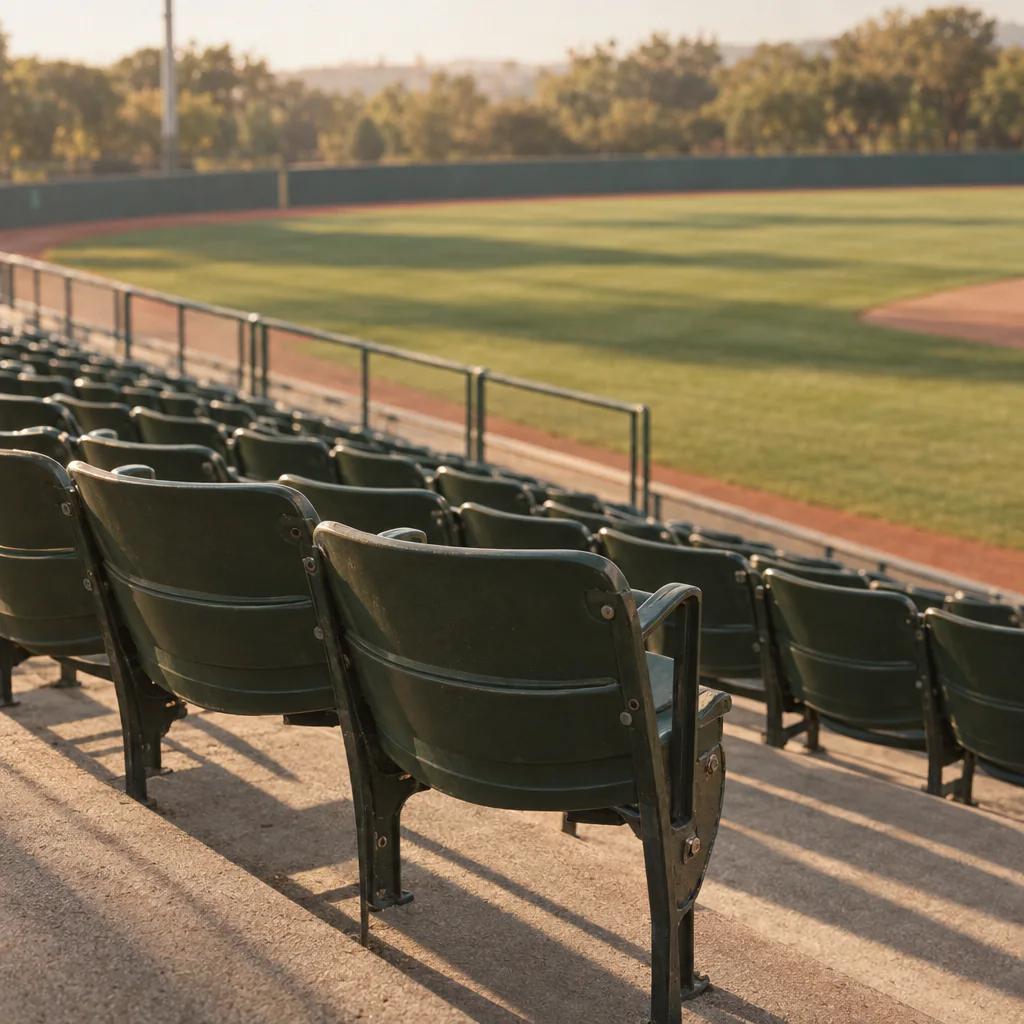 Empty ballpark seats in late afternoon sun