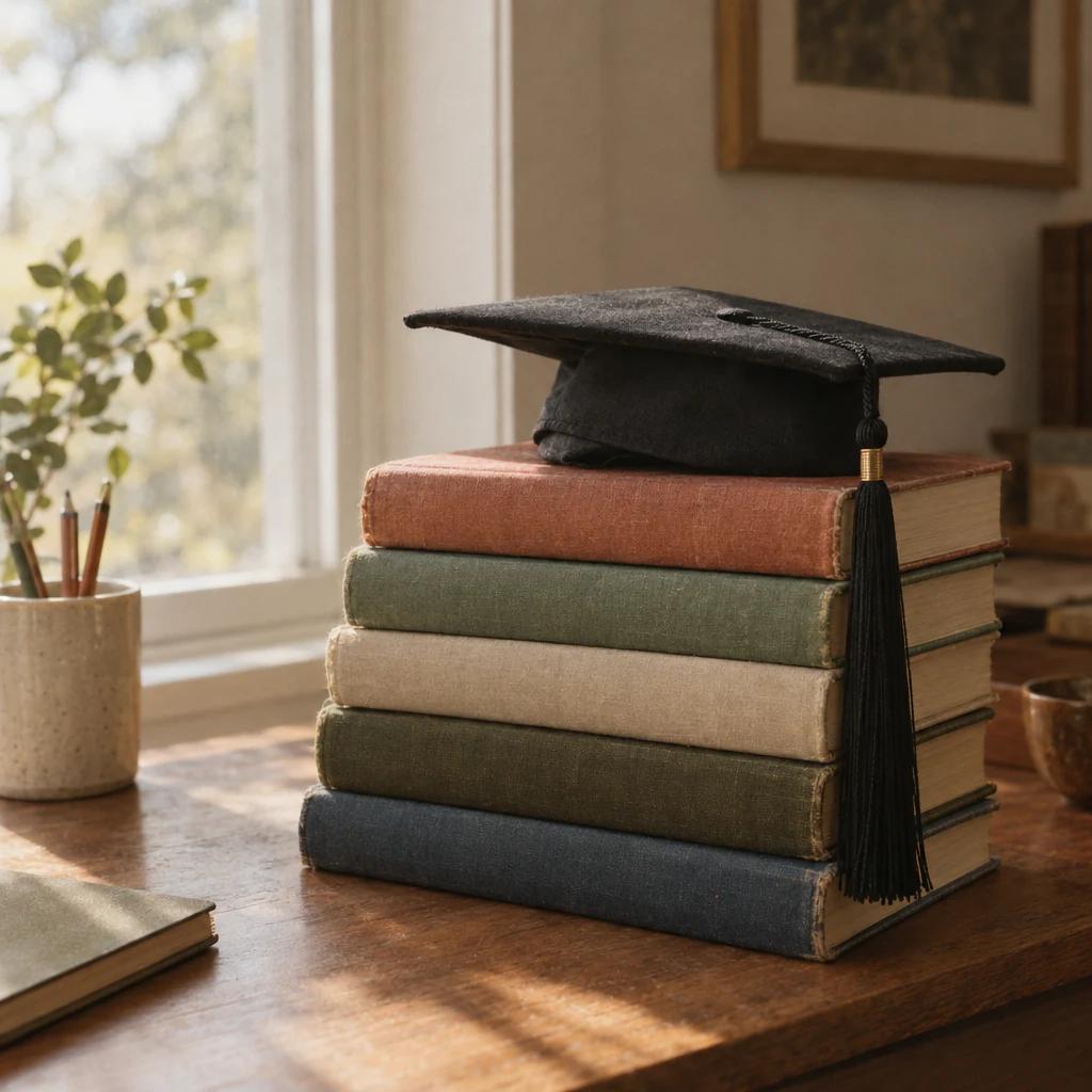 Stack of worn books with a graduation tassel on top