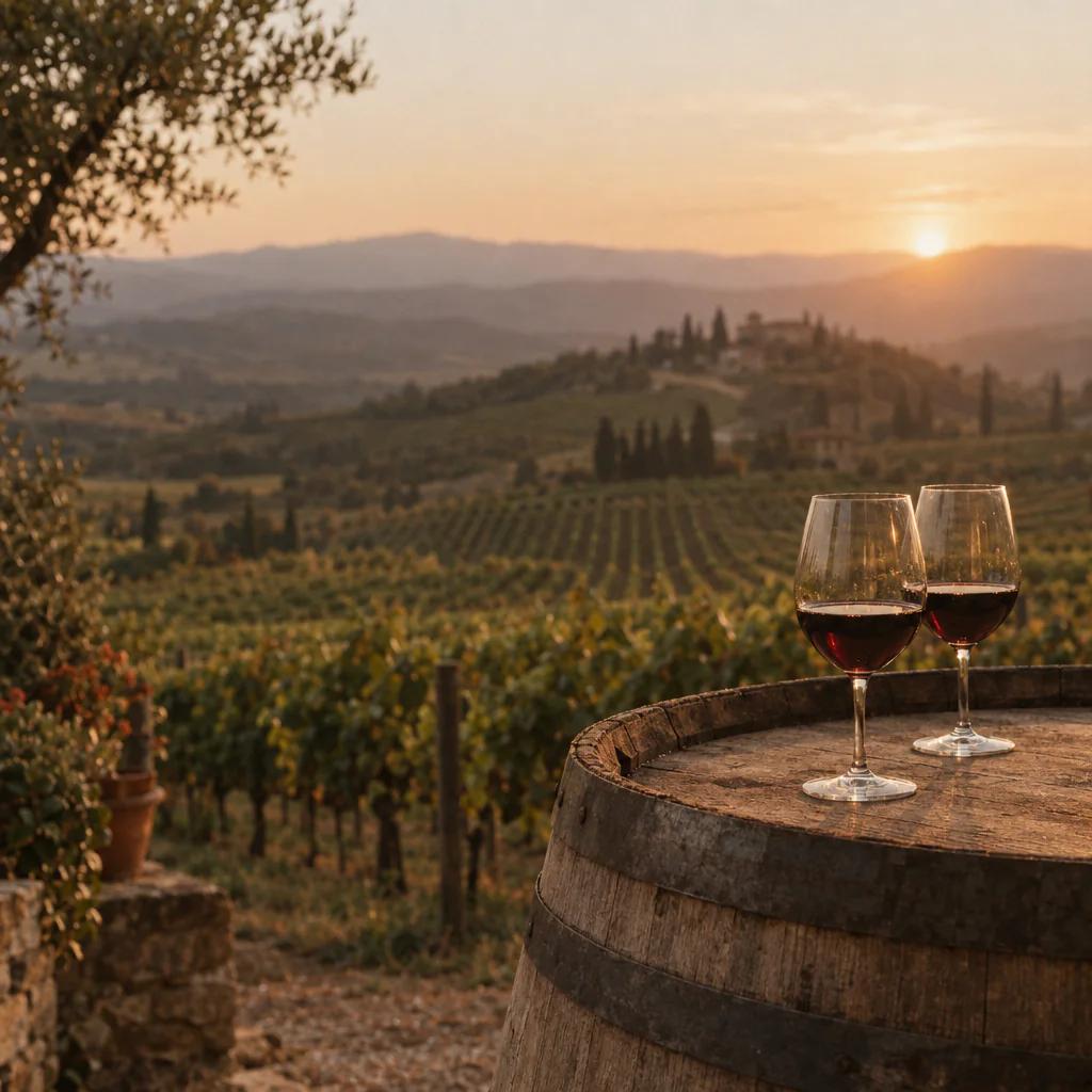Two wine glasses on a barrel overlooking vineyard rows