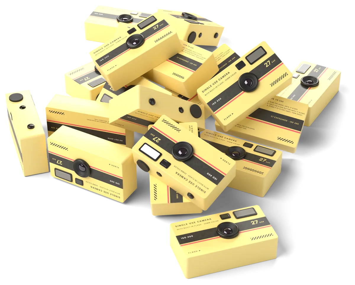 A heap of twenty single-use cameras.