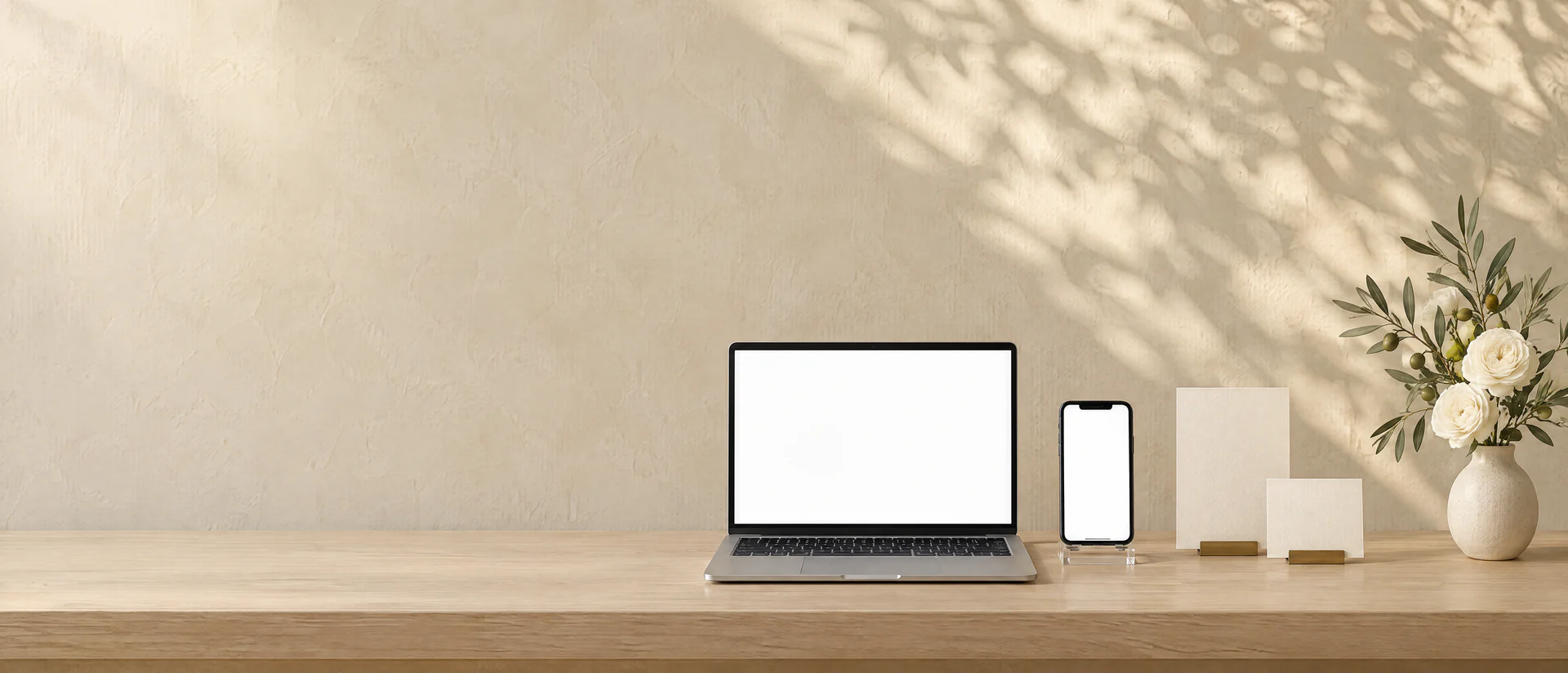 A laptop and a phone showing a wedding website, with its matching invitation and thank-you card in brass holders on a sunlit desk