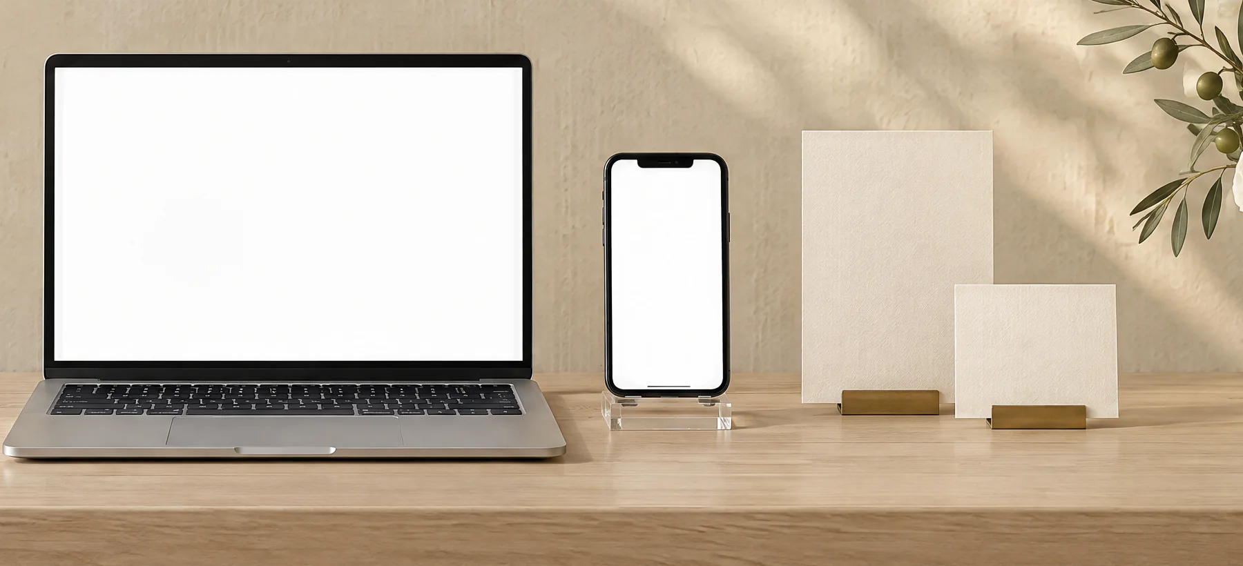A laptop and a phone showing a wedding website, with its matching invitation and thank-you card in brass holders on a sunlit desk