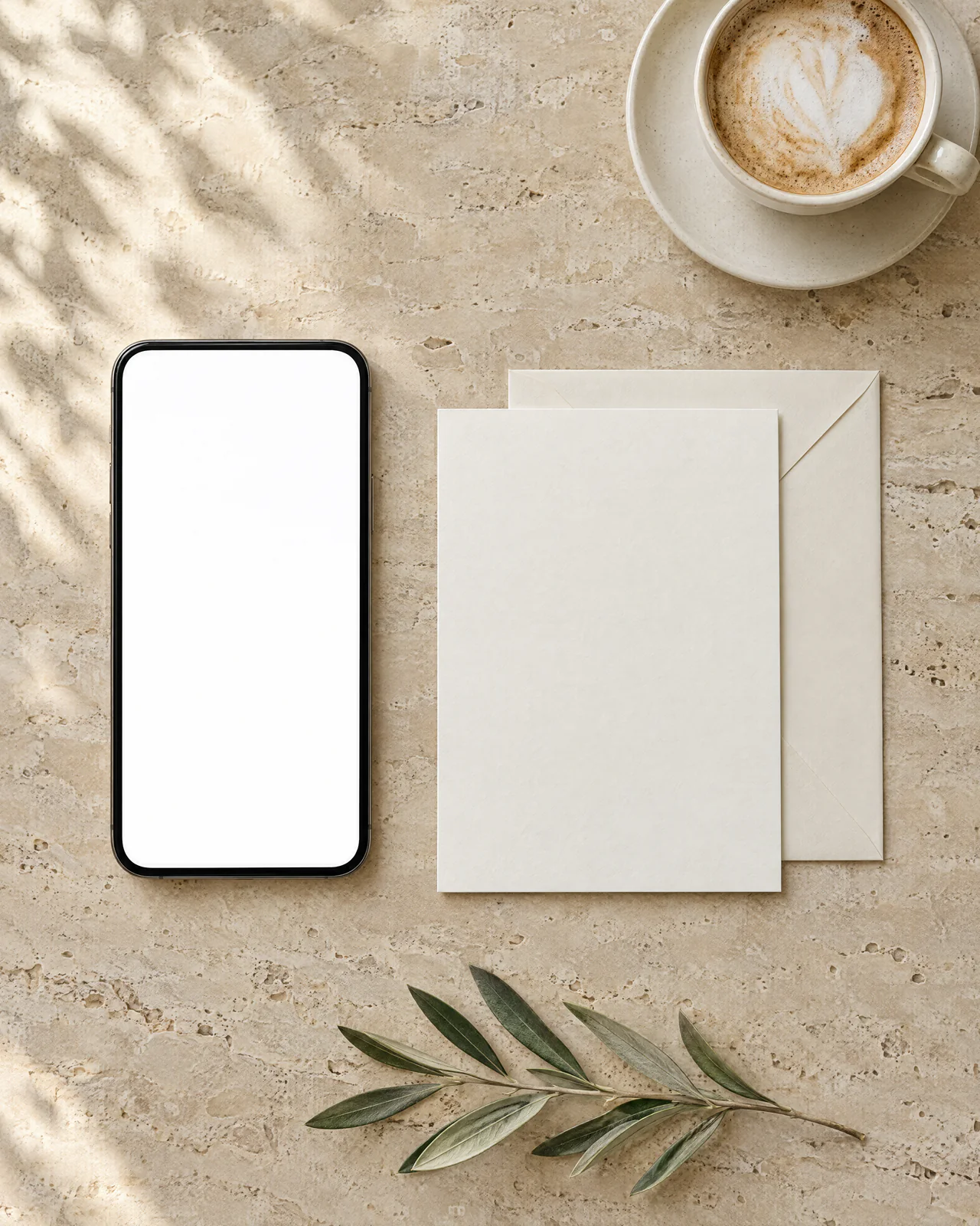 A phone on a stone café table showing a wedding RSVP, beside the matching save the date with its code