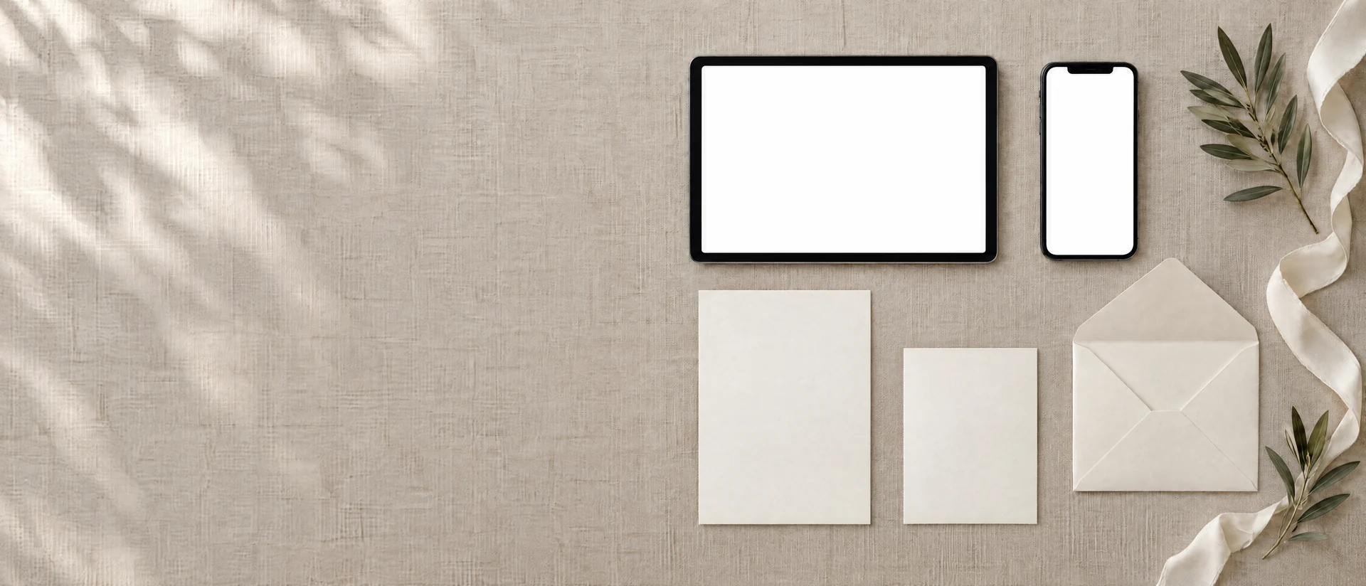 A tablet and a phone showing a wedding website, beside its matching invitation and save the date, on a linen table