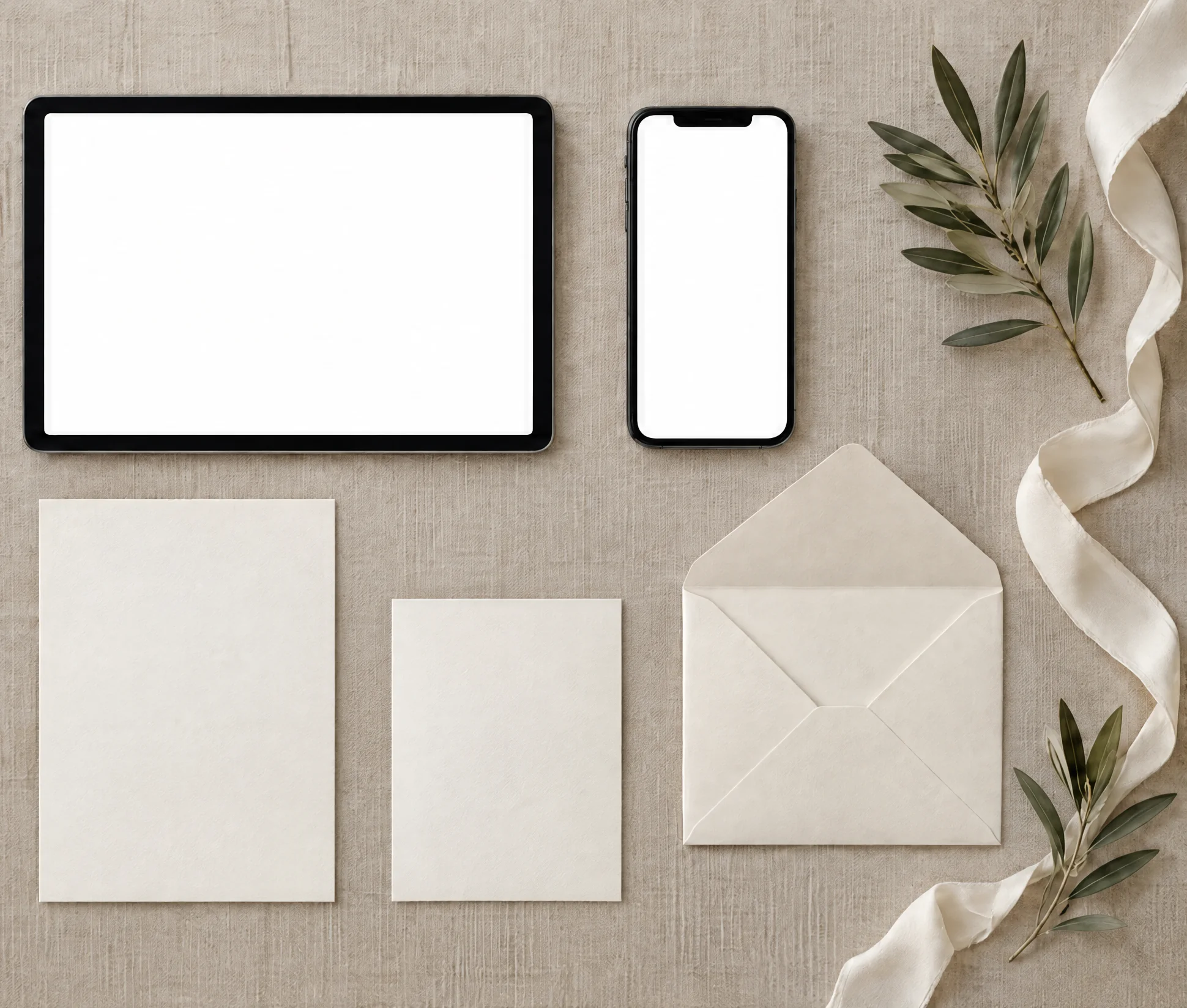 A tablet and a phone showing a wedding website, beside its matching invitation and save the date, on a linen table