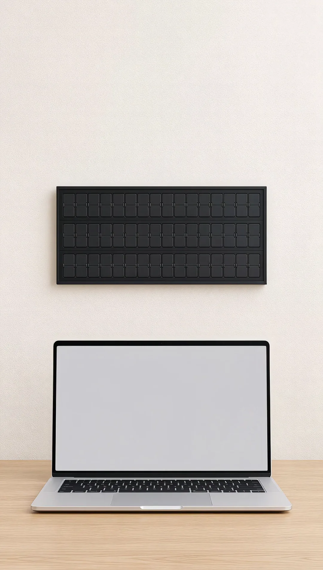 A laptop on a pale oak desk against a sunlit cream wall, with a flip board hanging beside it