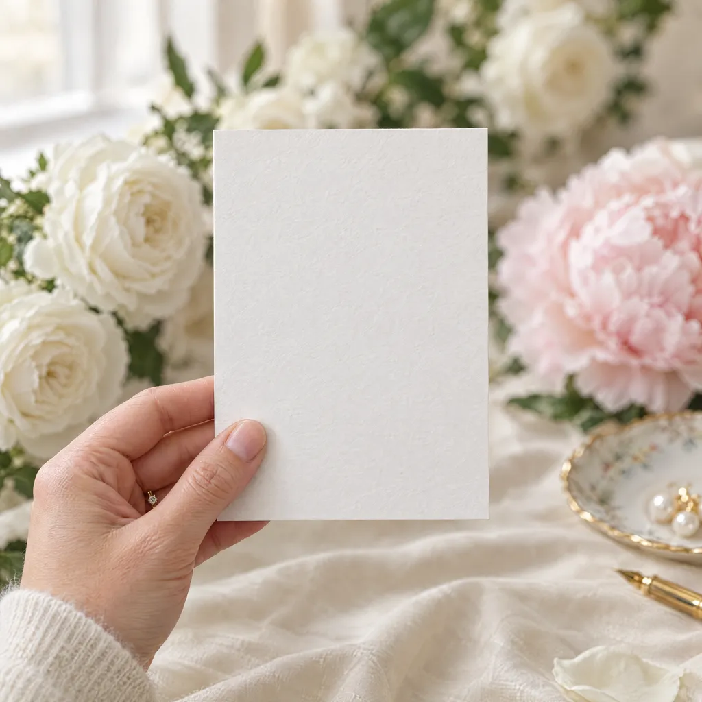 An invitation held in one hand among white garden roses and a blush peony