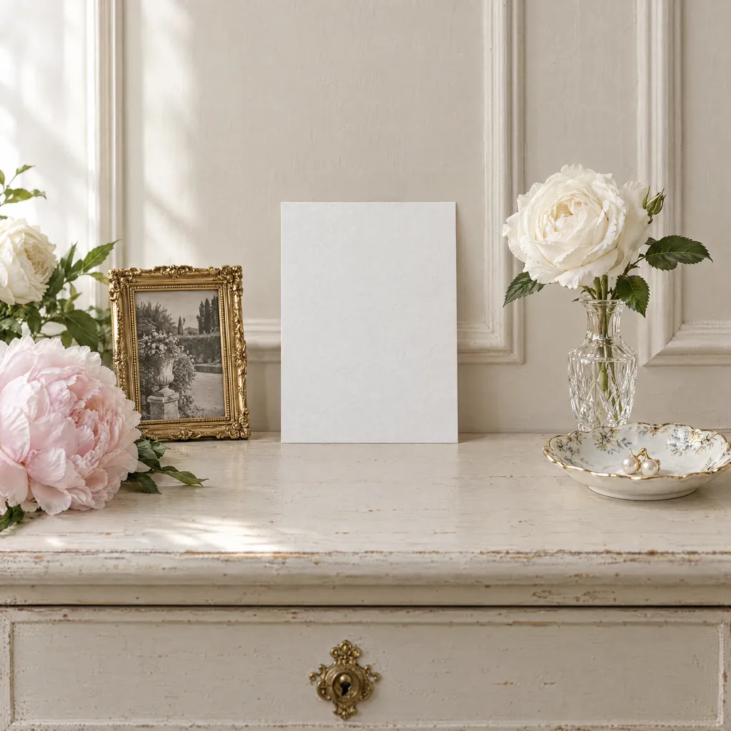 A save the date propped on a white painted dresser beside a small gilt frame and a single white rose