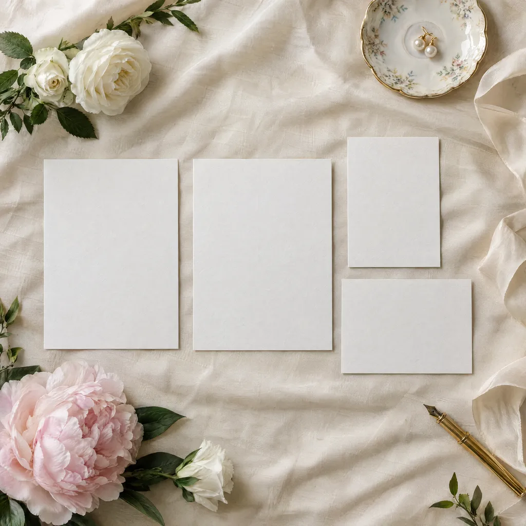 A save the date, an invitation, a details card and a reply card on ivory silk in soft window light, with white garden roses, a blush peony and pearls