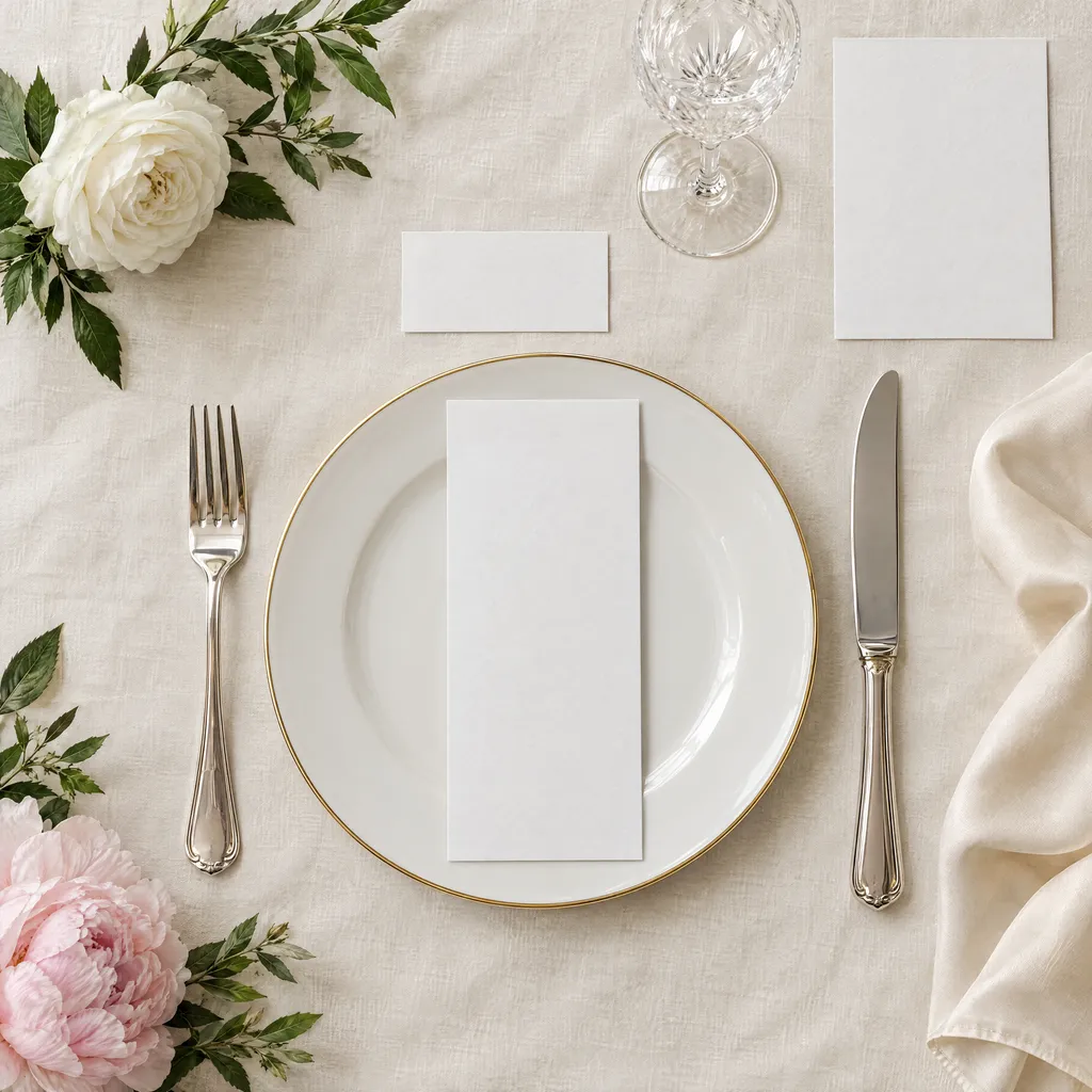 A place setting on ivory linen: a menu on a gold-rimmed plate, a place card and a table number, silver cutlery and a white rose