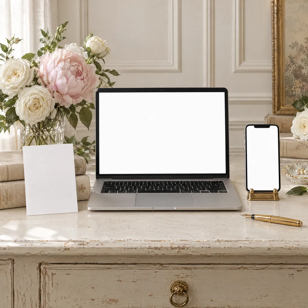 The wedding website on a laptop and a phone on an antique white writing desk, the invitation leaning on old books, with roses and a peony
