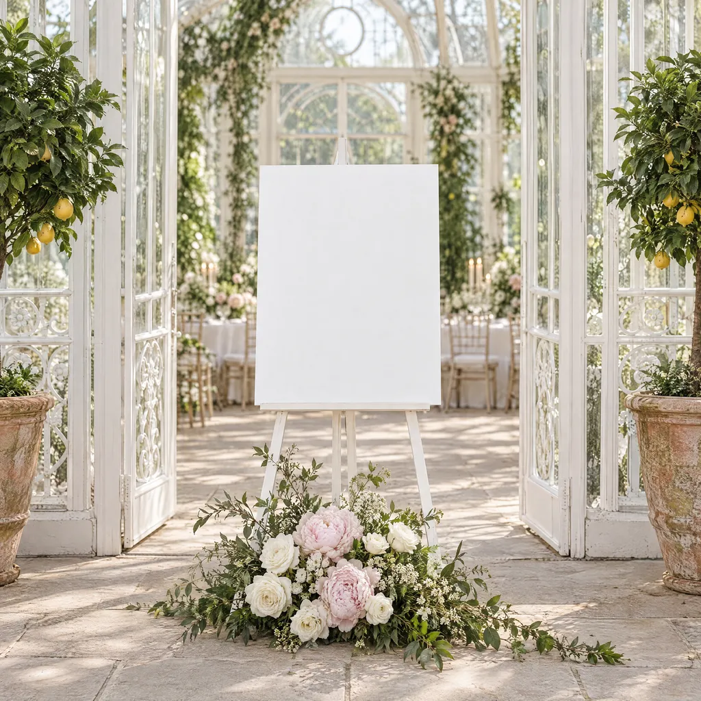 A welcome sign on a white easel at the door of a glass orangery, with white roses and blush peonies at its foot