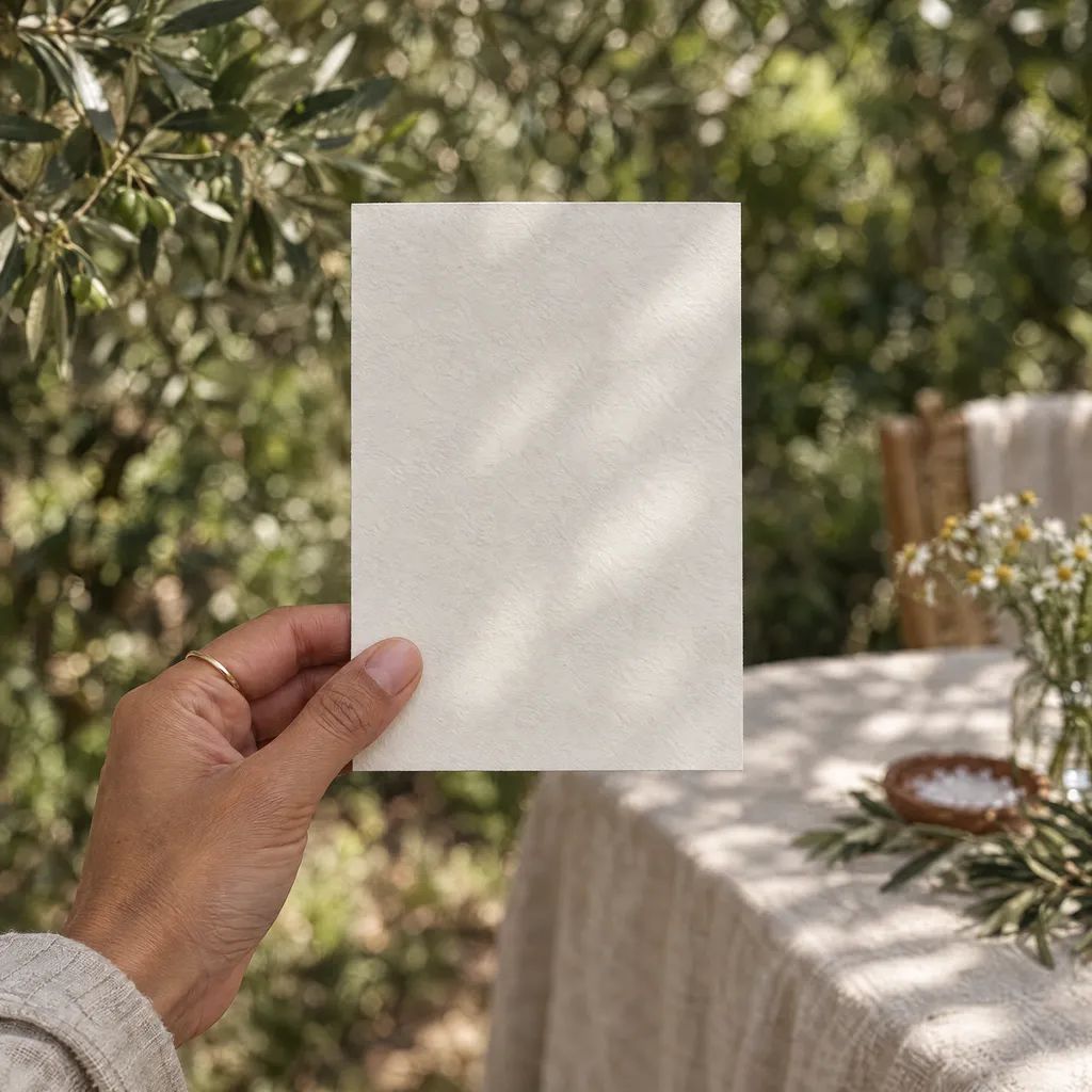 An invitation held in one hand in a sunlit olive garden