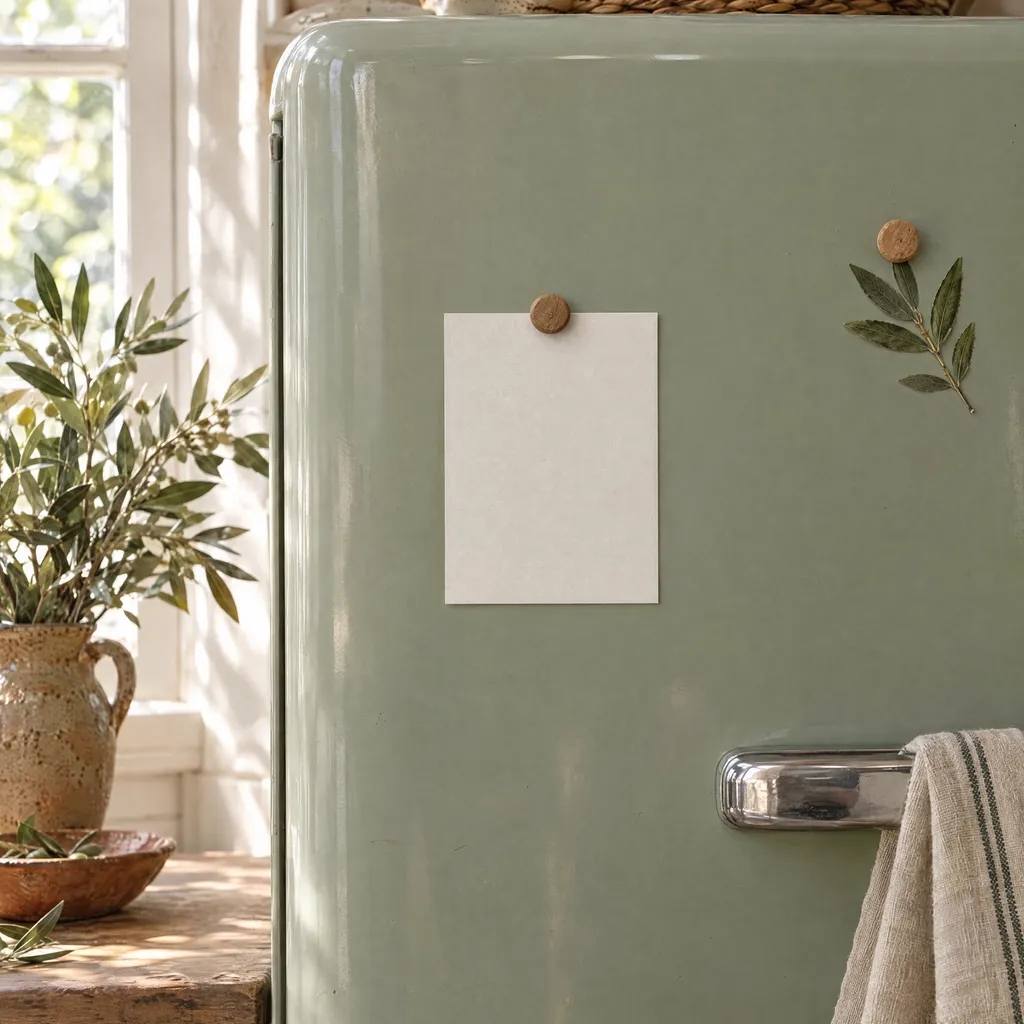 A save the date held to a sage green fridge with a wooden magnet, in a farmhouse kitchen
