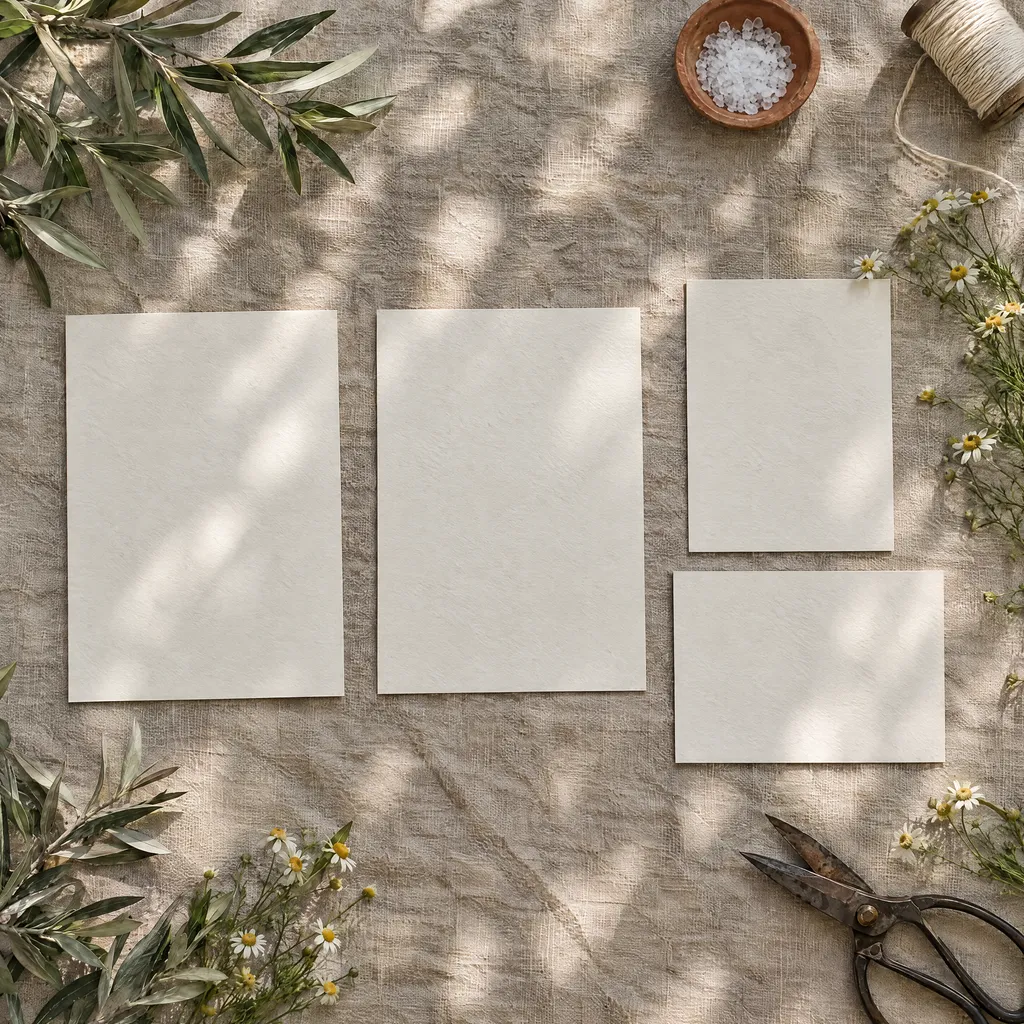A save the date, an invitation, a details card and a reply card on oatmeal linen in dappled shade, with olive branches, chamomile and garden snips