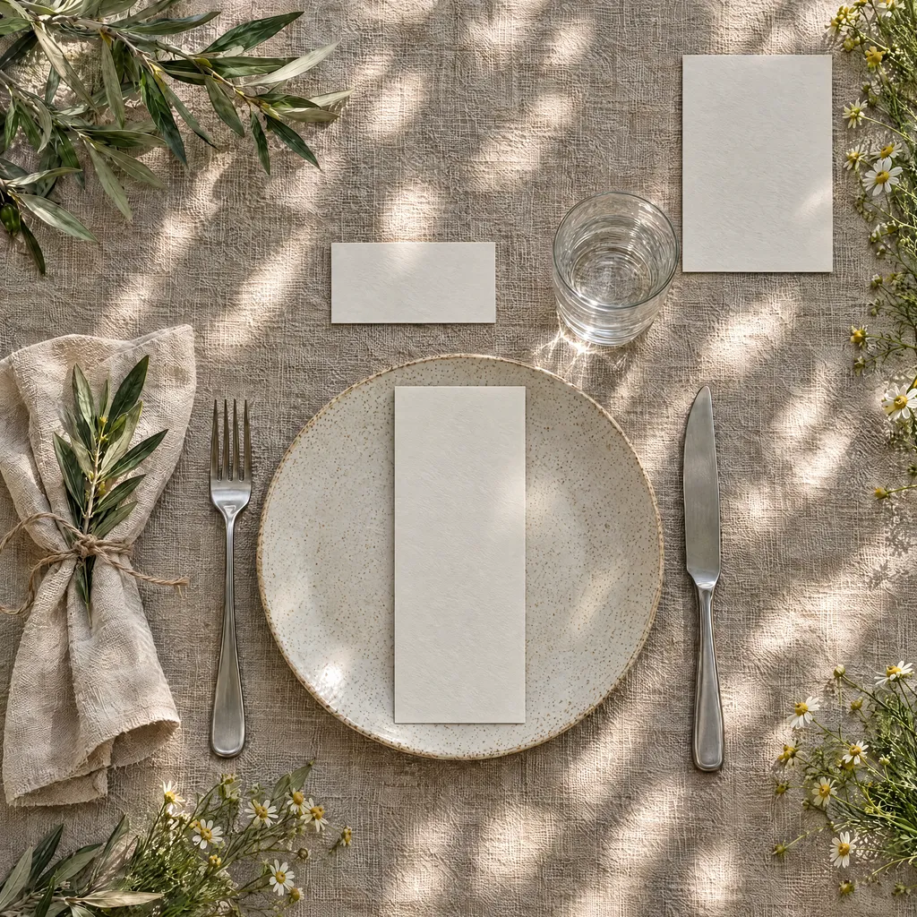 A place setting on oatmeal linen in dappled shade: a menu on a speckled plate, a place card and a table number, an olive sprig