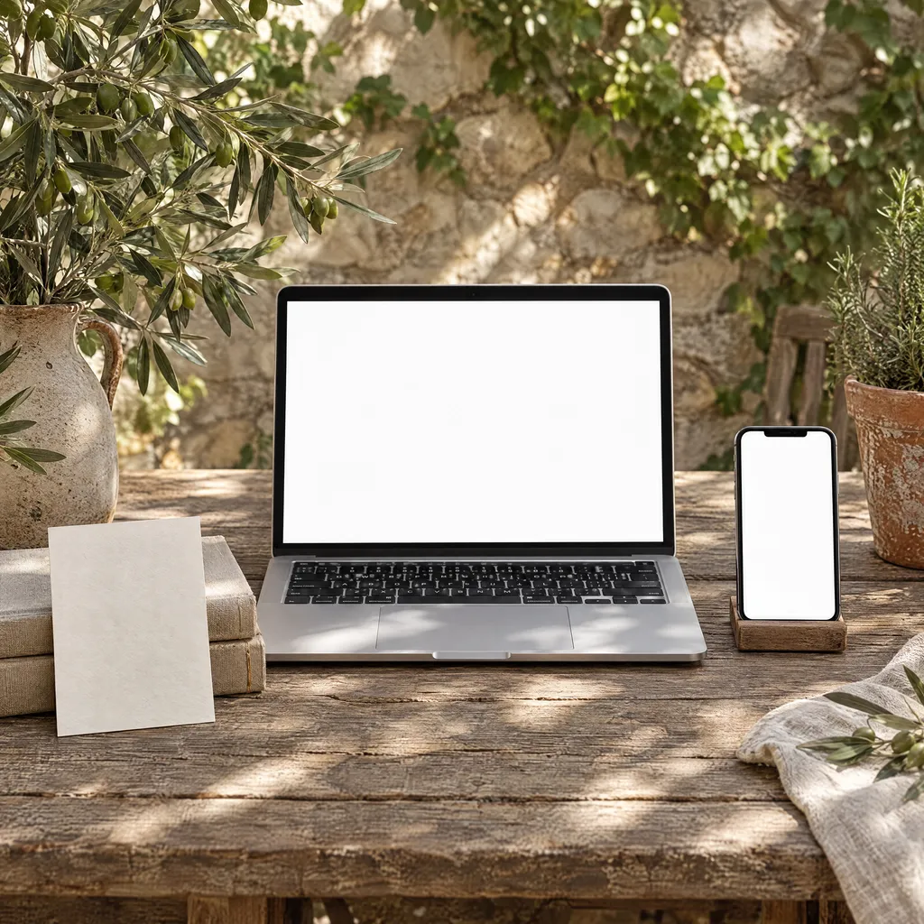 The wedding website on a laptop and a phone on a weathered oak table on a garden terrace, the invitation leaning on linen books